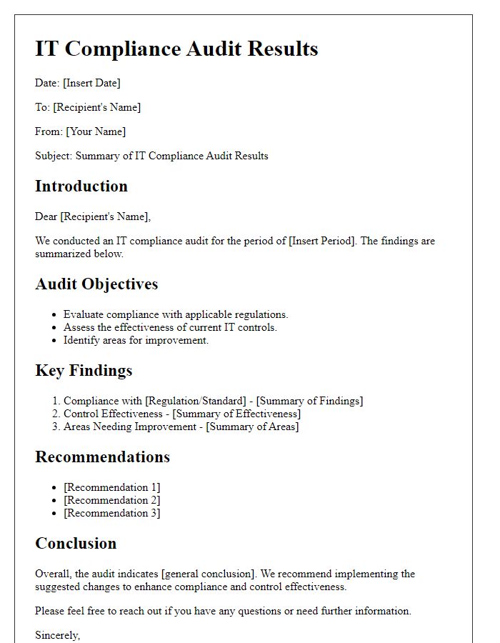 Letter template of IT compliance audit results briefing