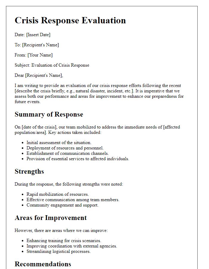 Letter template of crisis response evaluation