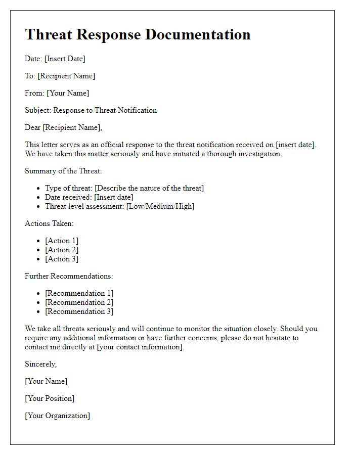 Letter template of threat response documentation