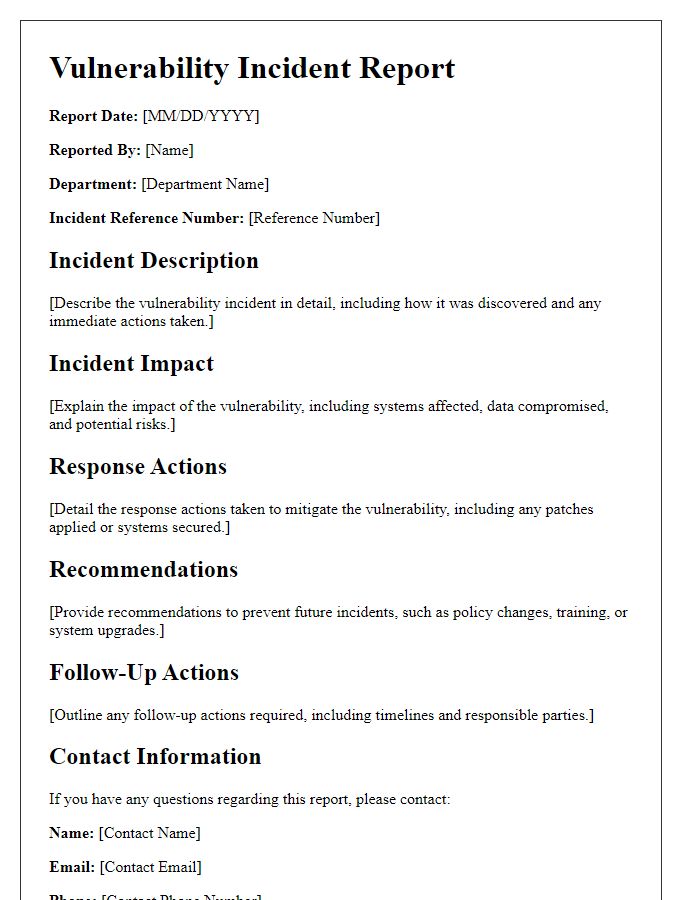 Letter template of vulnerability incident report