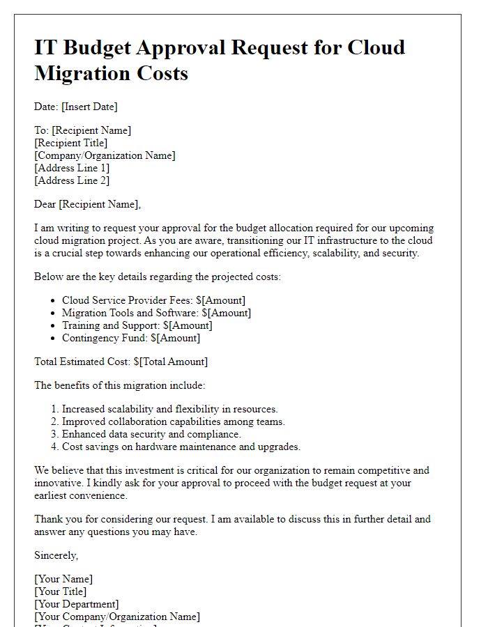 Letter template of IT budget approval request for cloud migration costs.