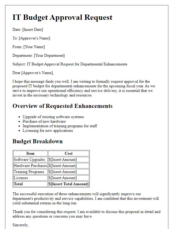 Letter template of IT budget approval request for departmental enhancements.