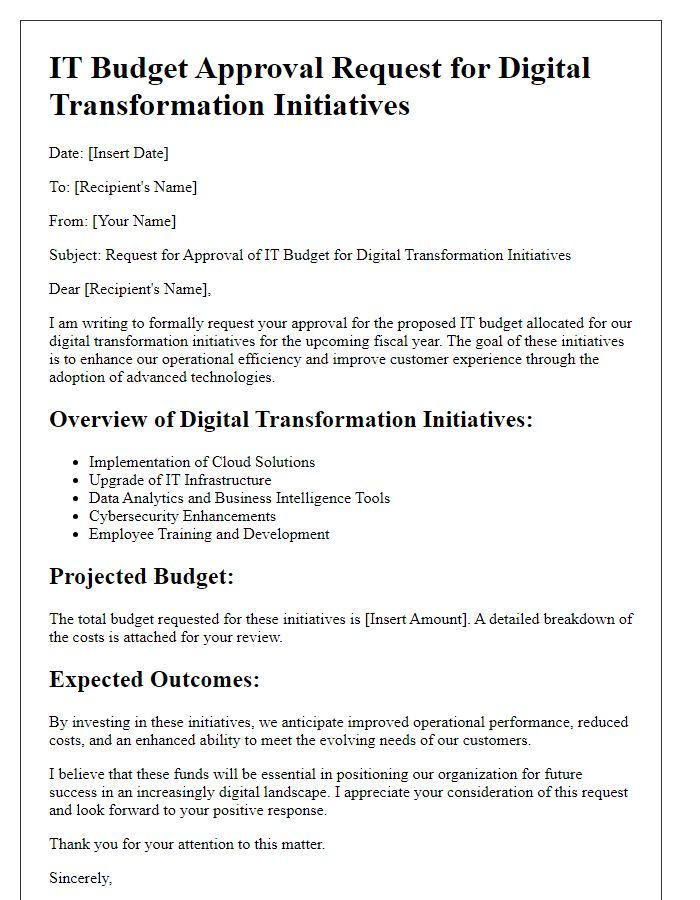 Letter template of IT budget approval request for digital transformation initiatives.