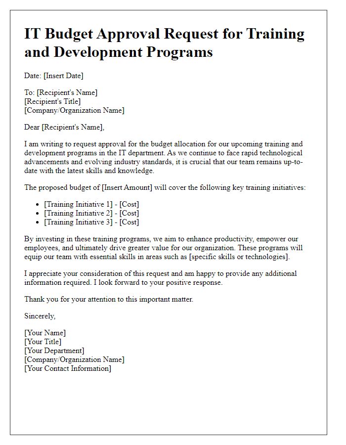 Letter template of IT budget approval request for training and development programs.