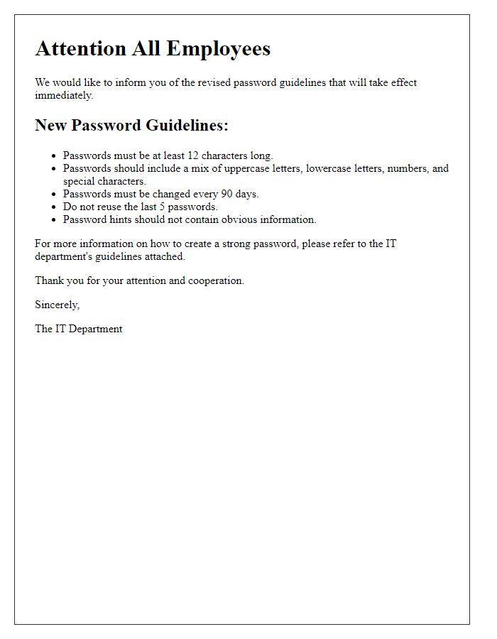 Letter template of announcement for revised password guidelines