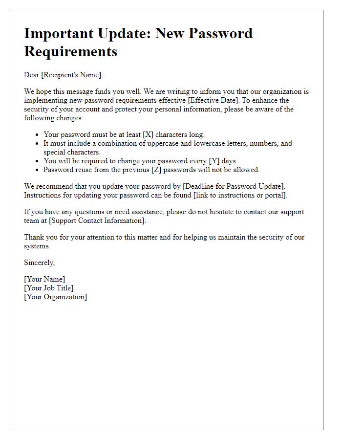 Letter template of communication about new password requirements