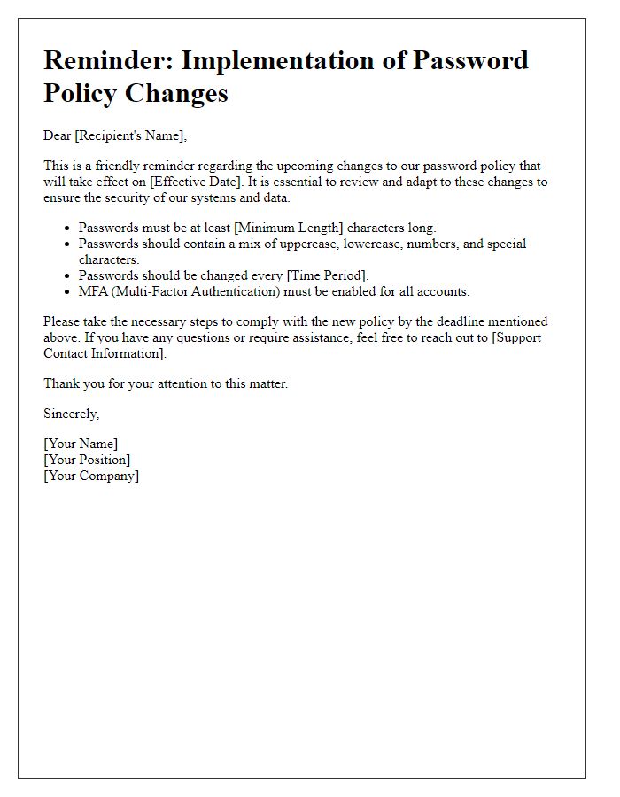 Letter template of reminder for implementing password policy changes