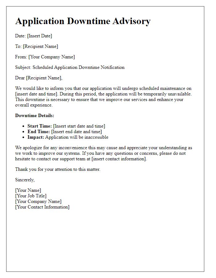 Letter template of application downtime advisory