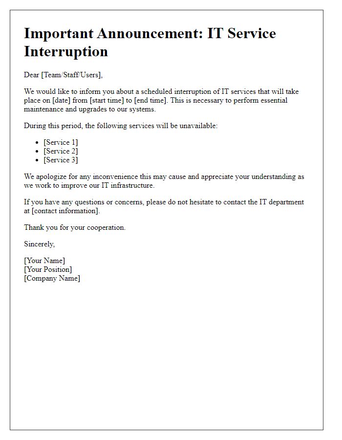 Letter template of IT service interruption announcement