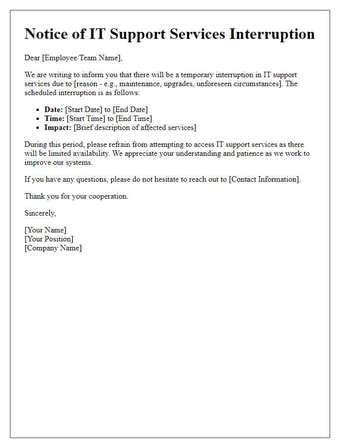 Letter template of IT support services interruption notice