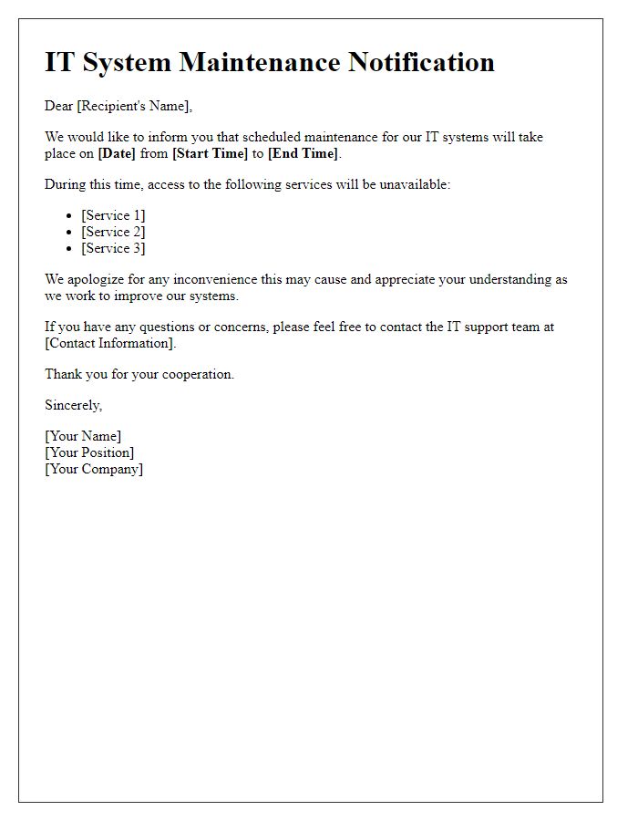 Letter template of IT system maintenance notification