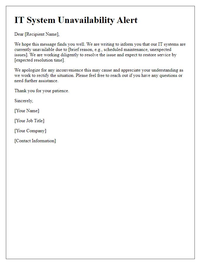 Letter template of IT system unavailability alert