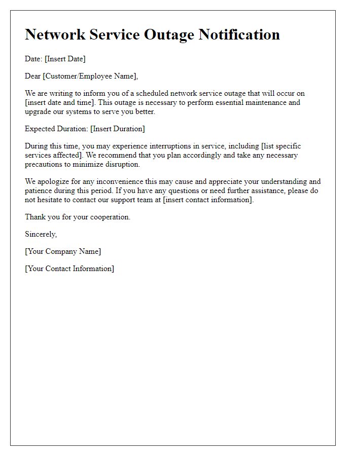 Letter template of network service outage warning