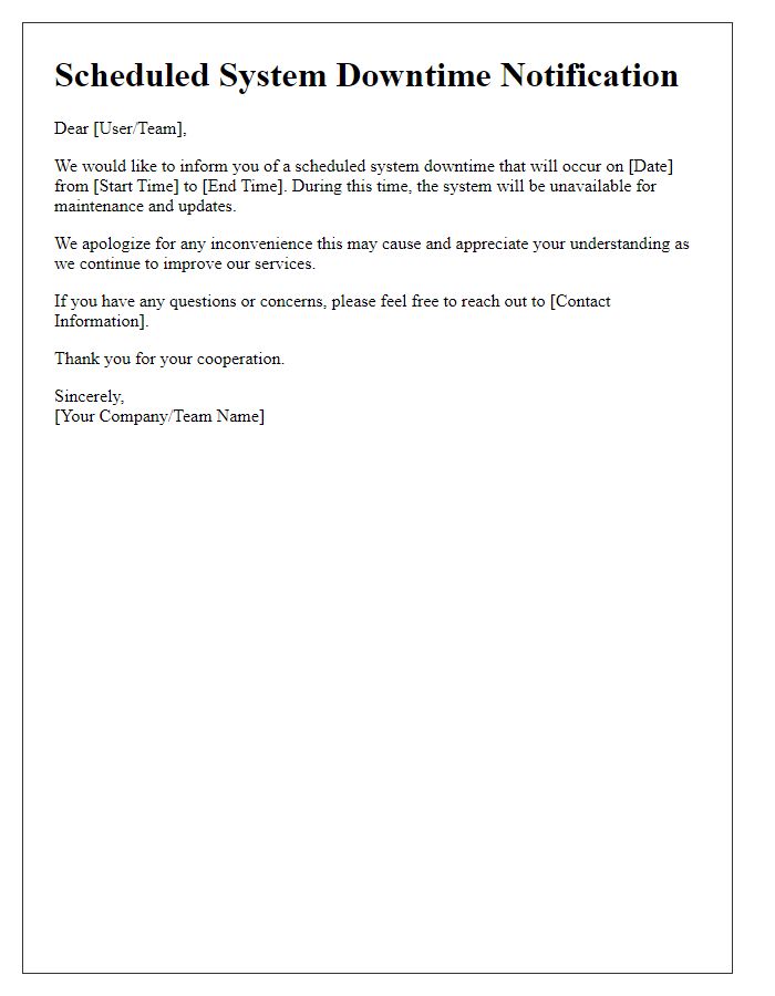 Letter template of scheduled system downtime alert