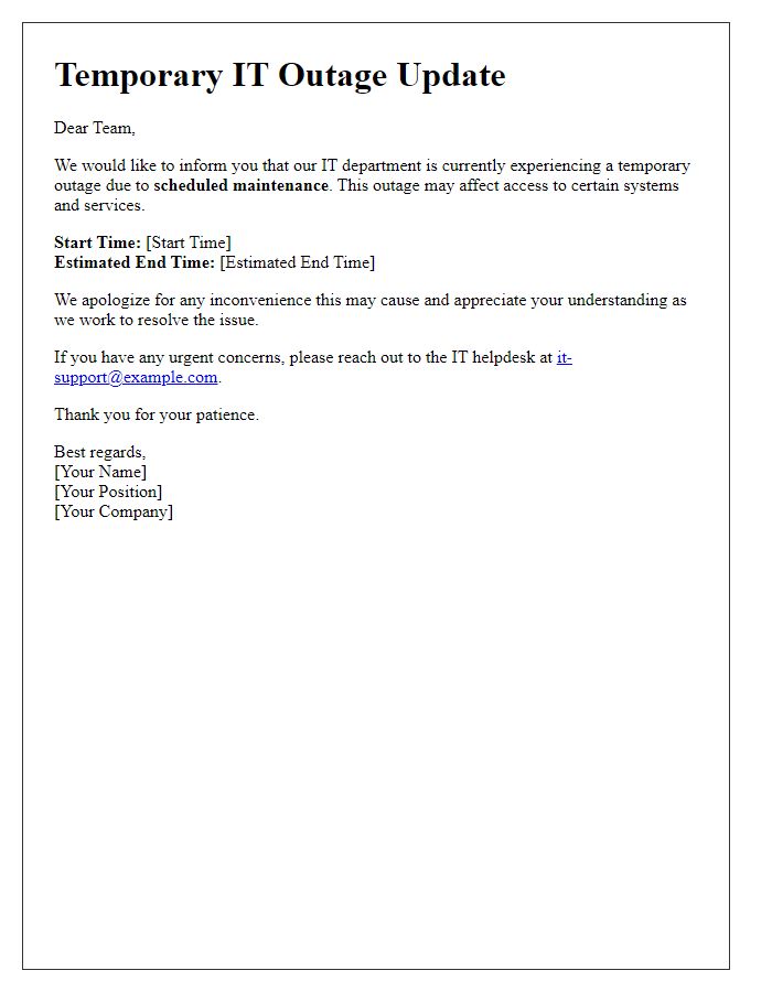 Letter template of temporary IT outage update