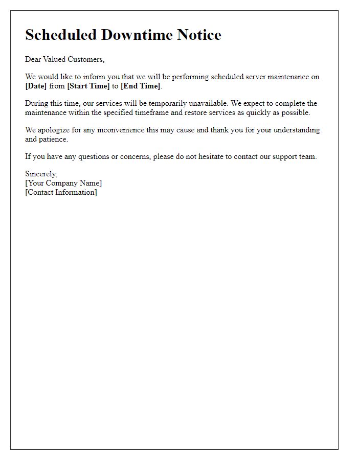 Letter template of server maintenance alert for scheduled downtime