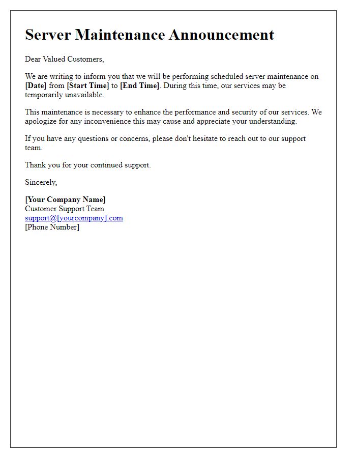 Letter template of server maintenance announcement for service providers