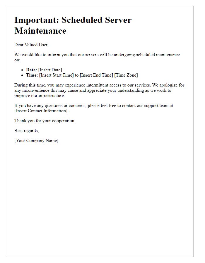 Letter template of server maintenance communication for end-users