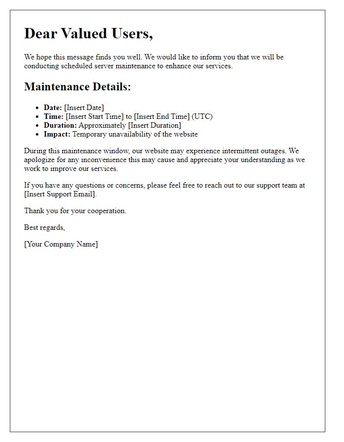 Letter template of server maintenance details for website users