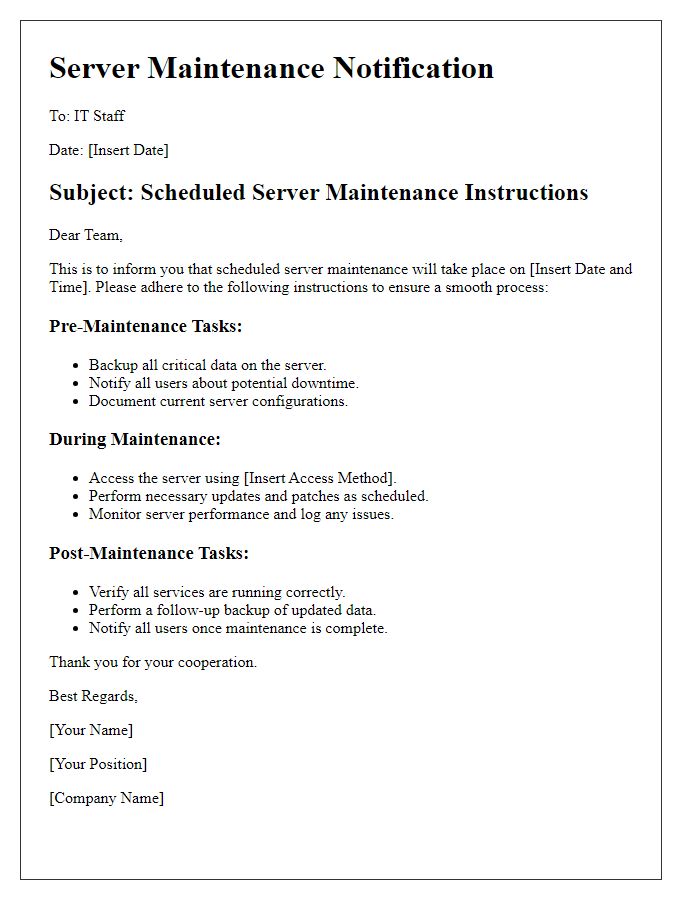 Letter template of server maintenance instructions for IT staff