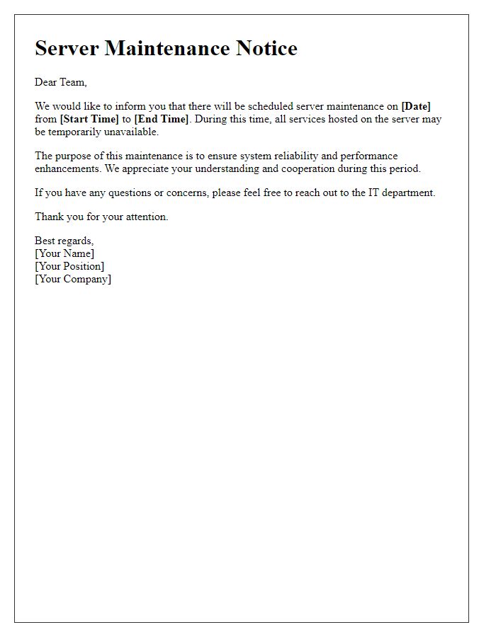 Letter template of server maintenance notice for internal teams