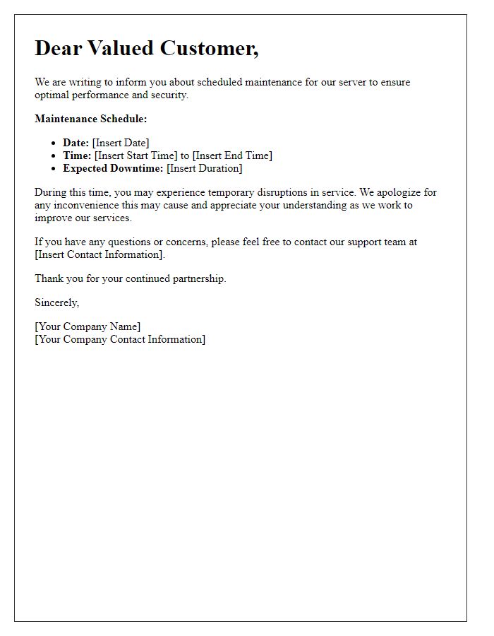 Letter template of server maintenance schedule for customers
