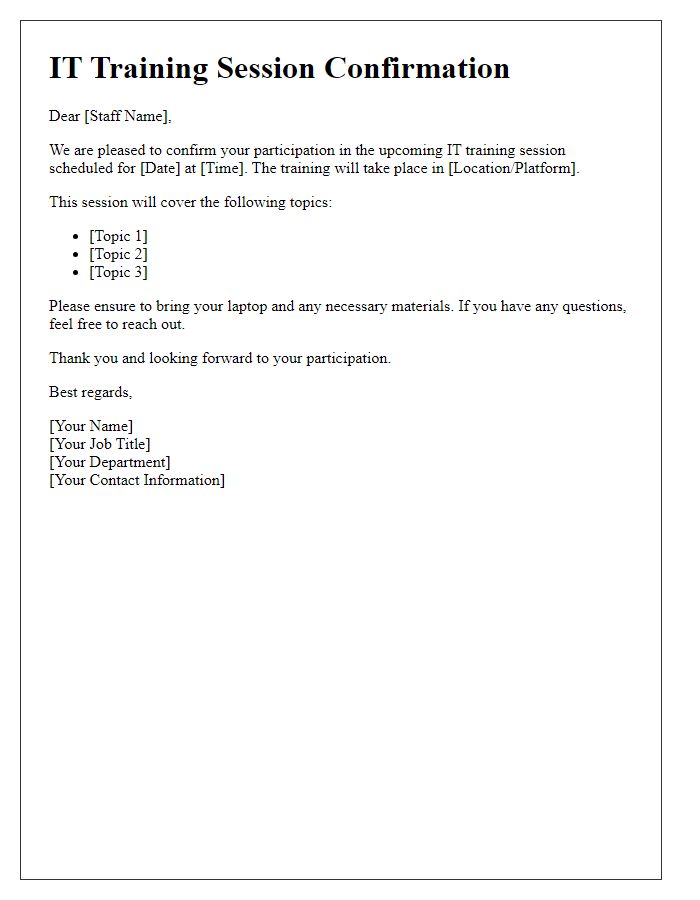 Letter template of IT training session confirmation for departmental staff