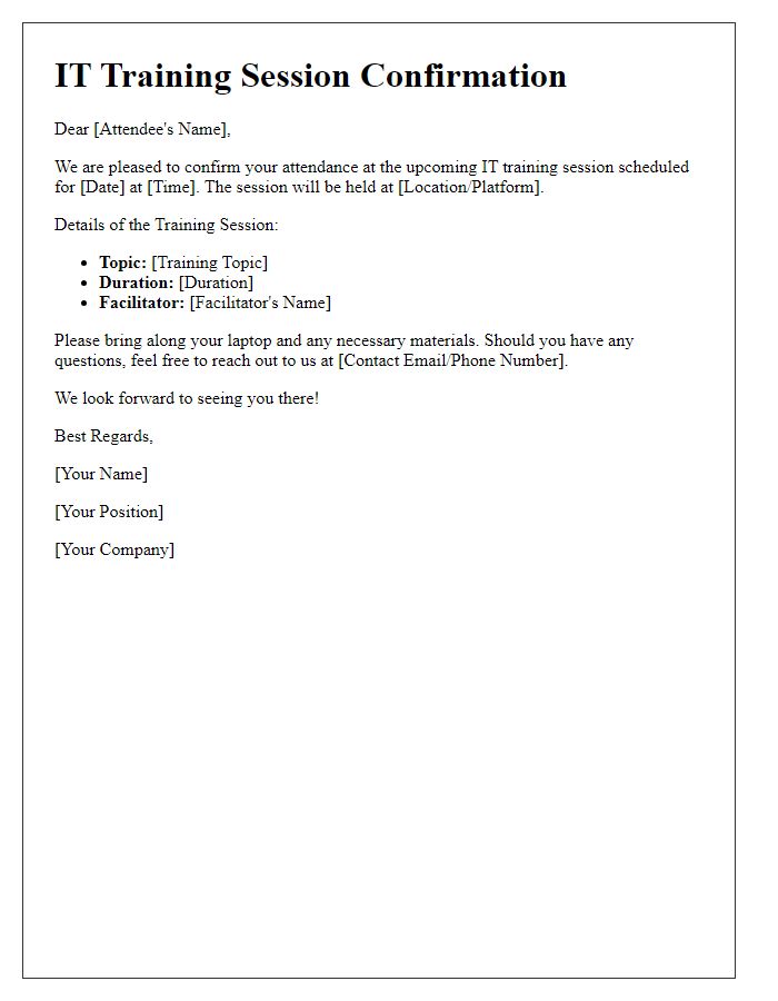 Letter template of IT training session confirmation for external attendees