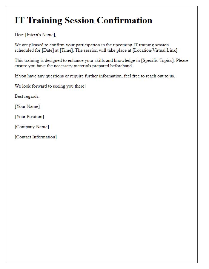 Letter template of IT training session confirmation for interns