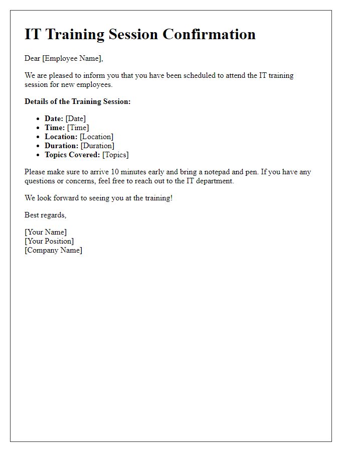 Letter template of IT training session confirmation for new employees