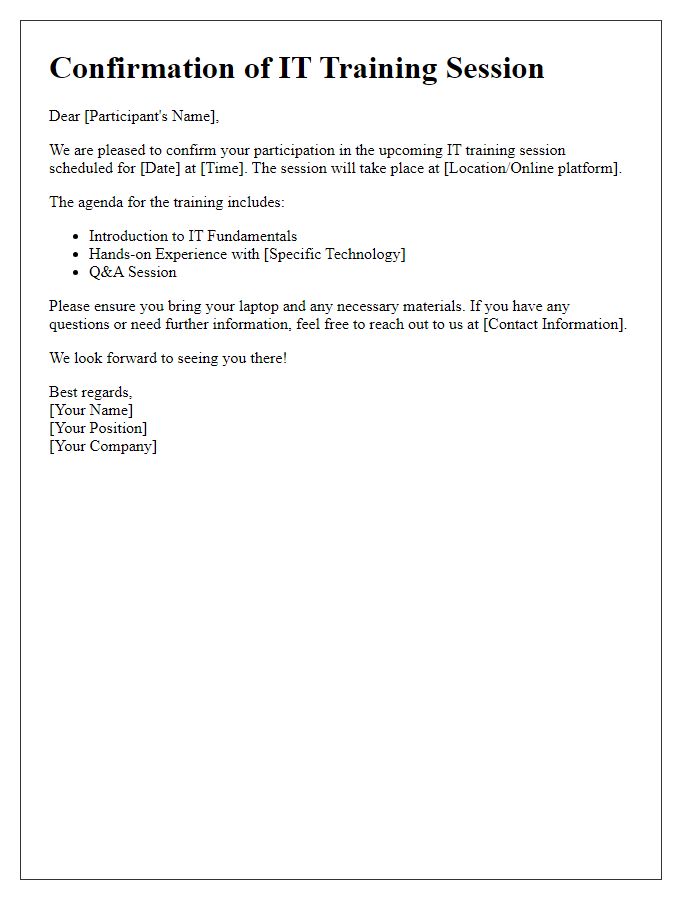 Letter template of IT training session confirmation for participants