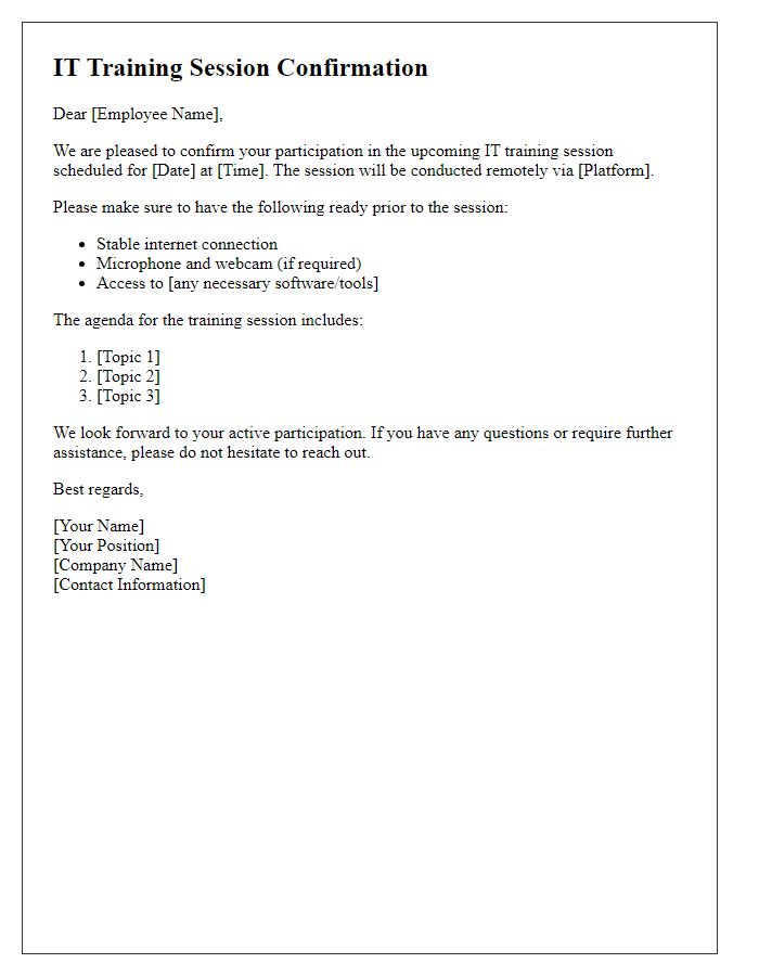 Letter template of IT training session confirmation for remote staff