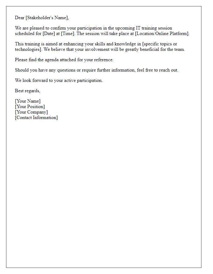 Letter template of IT training session confirmation for stakeholders
