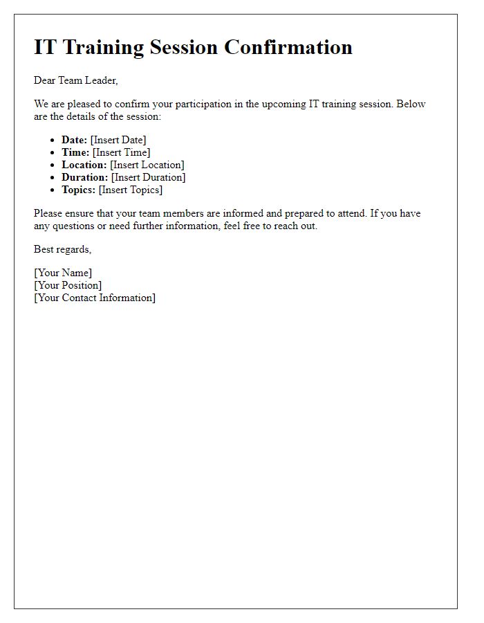 Letter template of IT training session confirmation for team leaders