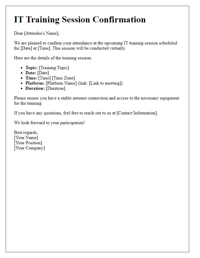 Letter template of IT training session confirmation for virtual attendees