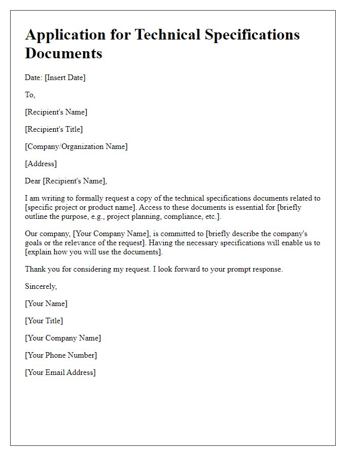 Letter template of application for technical specifications documents