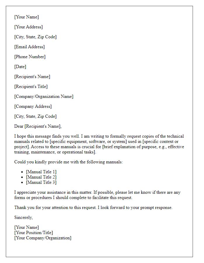 Letter template of formal request for technical manuals