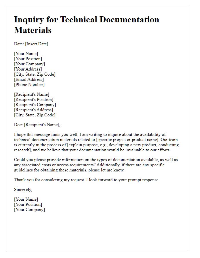 Letter template of inquiry for technical documentation materials