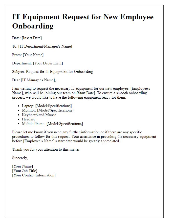 Letter template of IT equipment request for employee onboarding