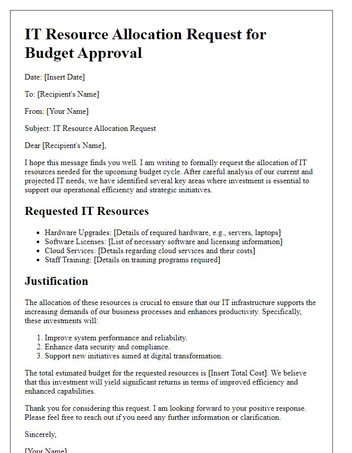 Letter template of IT resource allocation for budget approval