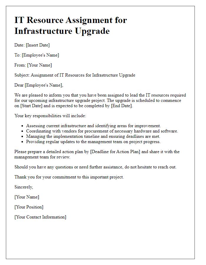 Letter template of IT resource assignment for infrastructure upgrade