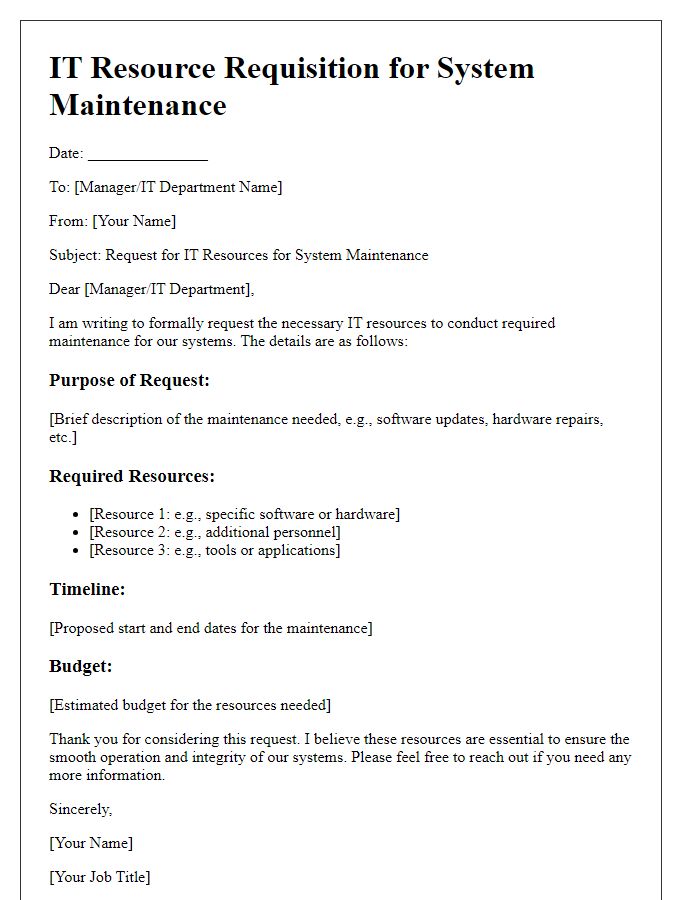 Letter template of IT resource requisition for system maintenance