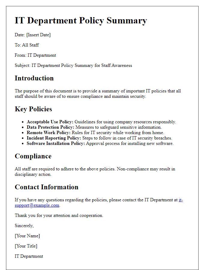 Letter template of IT department policy summary for staff awareness