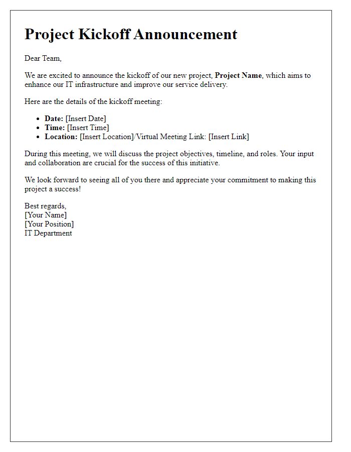 Letter template of IT department project kickoff announcement for teams