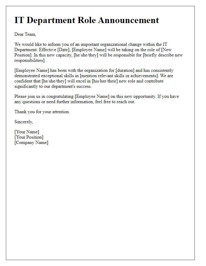 Letter template of IT department role announcement for organizational changes