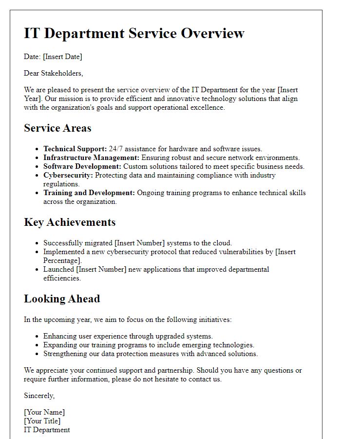 Letter template of IT department service overview for stakeholders