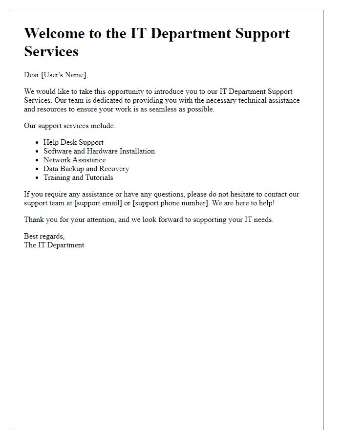 Letter template of IT department support services introduction for users