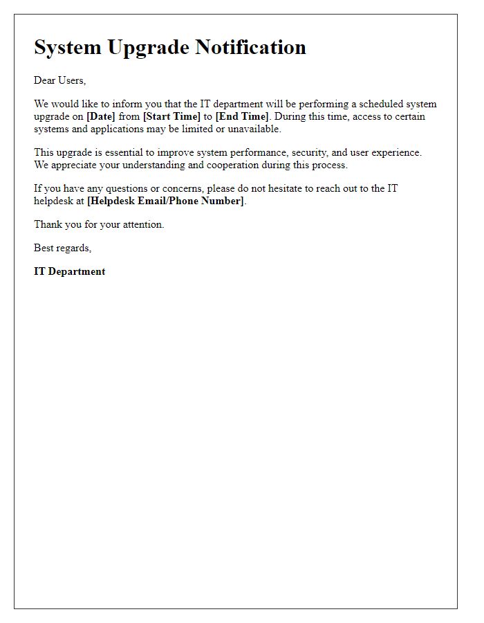 Letter template of IT department system upgrade notification for users