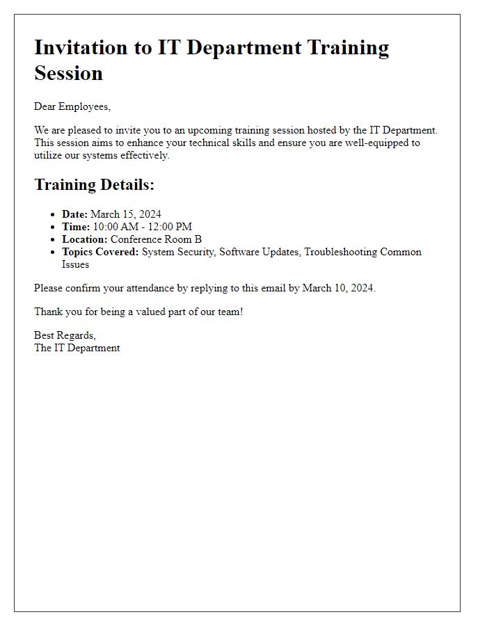 Letter template of IT department training session invitation for employees