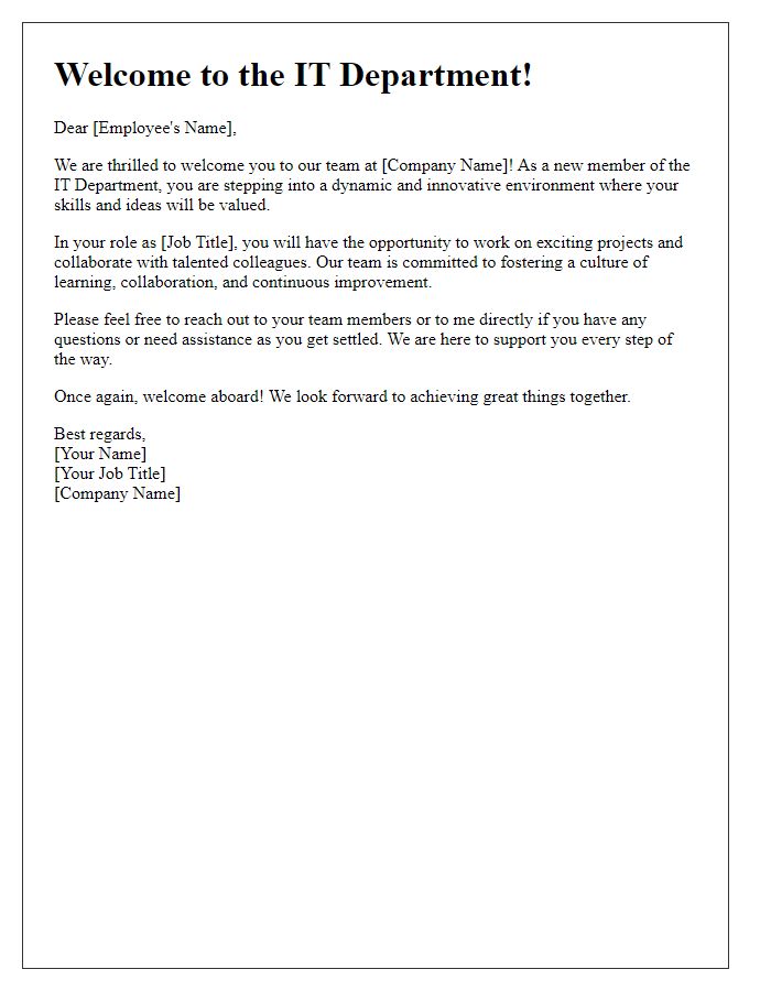 Letter template of IT department welcome introduction for new employees